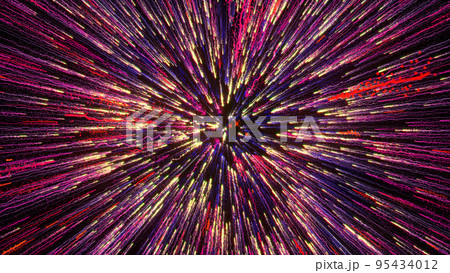 3D rendering of bright multi-colored particles fill the space with jets of energy and light 3D rendering of bright multi-colored particles fill the space with jets of energy and light 95434012