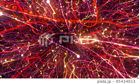3D rendering of bright multi-colored particles fill the space with jets of energy and light 3D rendering of bright multi-colored particles fill the space with jets of energy and light 95434013