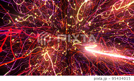 3D rendering of bright multi-colored particles fill the space with jets of energy and light 95434015