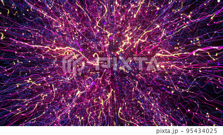 3D rendering of bright multi-colored particles fill the space with jets of energy and light 3D rendering of bright multi-colored particles fill the space with jets of energy and light 95434025