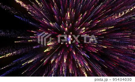 3D rendering of bright multi-colored particles fill the space with jets of energy and light 3D rendering of bright multi-colored particles fill the space with jets of energy and light 95434030