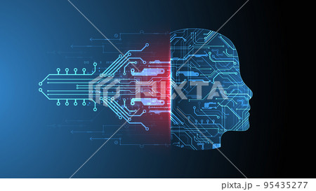 Abstract background on the theme of artificial intelligence. Head shape with technological elements inside the contour. Abstract background on the theme of artificial intelligence. Head shape with technological elements inside the contour. 95435277