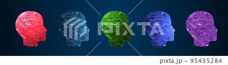 Abstract background on the theme of artificial intelligence. Head shape with technological elements inside the contour. Abstract background on the theme of artificial intelligence. Head shape with technological elements inside the contour. 95435284