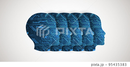 Abstract background on the theme of artificial intelligence. Head shape with technological elements inside the contour. 95435383
