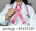 Breast cancer awareness pink ribbon raising awareness on woman health and female illness in October month with bow color on female surgical doctor gown in clinic or hospital 95435387