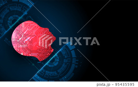 Abstract background on the theme of artificial intelligence. Red head shape with technological elements inside the contour. 95435595