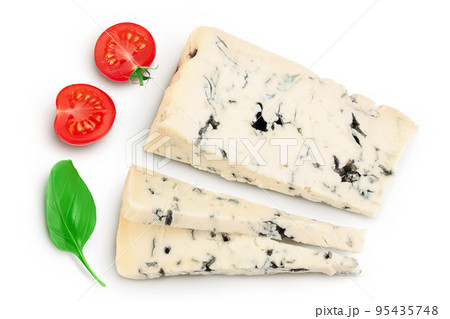 Blue cheese gorgonzola isolated on white background with full depth of field. Top view. Flat lay. Blue cheese gorgonzola isolated on white background with full depth of field. Top view. Flat lay. 95435748