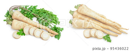 Parsley root with slices and leaves isolated on white background 95436022