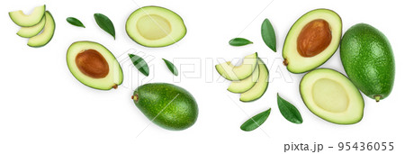 avocado and slices isolated on white background with copy space for your text. Top view. Flat lay 95436055