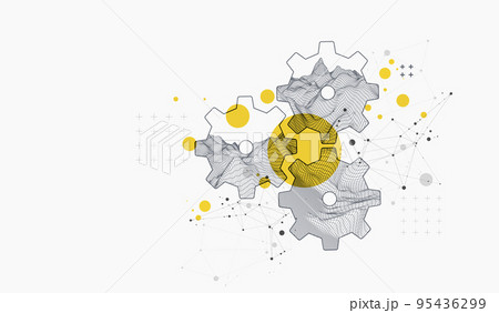 Modern science or technology abstract background using hexagonal cogwheel. Wireframe spot surface illustration. Vector. 95436299