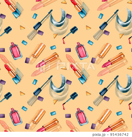 Beauty items watercolor seamless pattern on beige background. 95436742