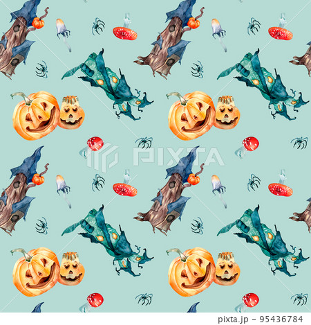 Smiling pumpkins and whimsical houses watercolor seamless pattern isolated on blue Smiling pumpkins and whimsical houses watercolor seamless pattern isolated on blue 95436784