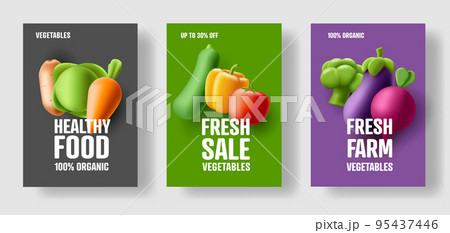 Vegetables grocery shop promo posters set, 3d render illustrations of carrot eggplant corn eggplant and broccoli 95437446