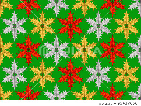 柊の葉で描いた雪の結晶、カラフルなクリスマスパターン 柊の葉で描いた雪の結晶、カラフルなクリスマスパターン 95437666