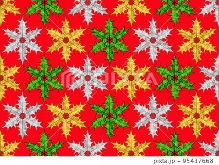 柊の葉で描いた雪の結晶、カラフルなクリスマスパターン 柊の葉で描いた雪の結晶、カラフルなクリスマスパターン 95437668