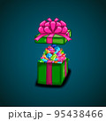 Open gift box with vector mountain of gems 95438466