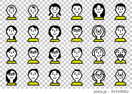 いろんな世代の人物の顔アイコンセット_黒と黄色 いろんな世代の人物の顔アイコンセット_黒と黄色 95439062