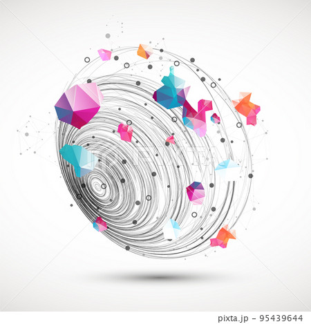 Colorful abstract swirling background with dots and geometric objects. Colorful abstract swirling background with dots and geometric objects. 95439644