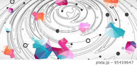 Colorful abstract swirling background with dots and geometric objects. Colorful abstract swirling background with dots and geometric objects. 95439647