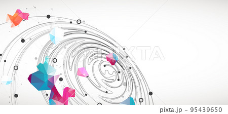 Colorful abstract swirling background with dots and geometric objects. 95439650