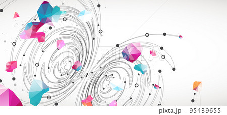 Colorful abstract swirling background with dots and geometric objects. Colorful abstract swirling background with dots and geometric objects. 95439655