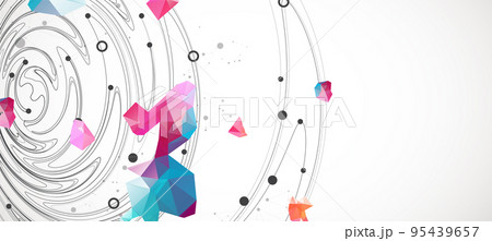 Colorful abstract swirling background with dots and geometric objects. 95439657