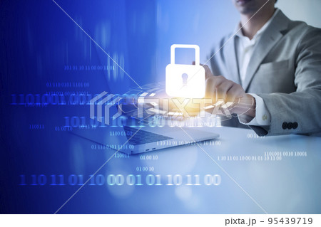 Cybersecurity and data privacy protection concept. And Internet network security technology. hand showing padlock icon. Businessman using Laptop. 95439719