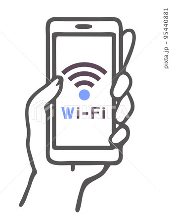 Wi-fiに接続されたスマートフォンを持つ手のシンプルな線画のアイコンイラスト素材　モノクロ 95440881