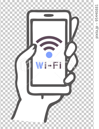 Wi-fiに接続されたスマートフォンを持つ手のシンプルな線画のアイコンイラスト素材　モノクロ 95440881