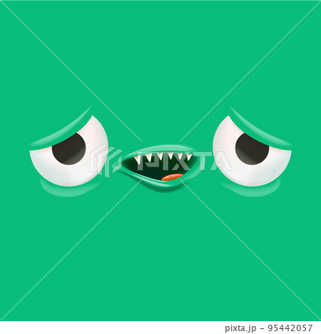 Vector funny green monster face with open mouth with fangs and eyes isolated on green background. Halloween cute and funky monster design template for poster, banner and tee print Vector funny green monster face with open mouth with fangs and eyes isolated on green background. Halloween cute and funky monster design template for poster, banner and tee print 95442057