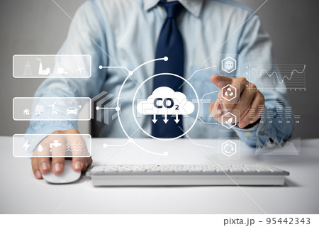 Organizations or companies develop carbon credit business virtual screen. Reduce CO2 emissions. Sustainable business development concept. 95442343