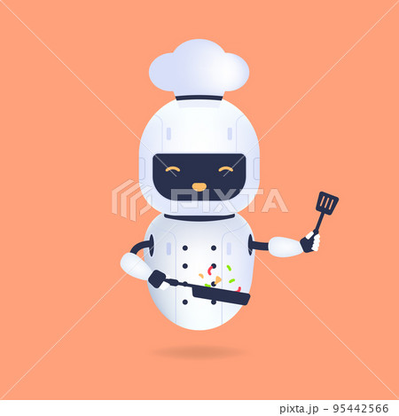 White friendly chef robot with pan and turner. Cooking Robot Artificial Intelligence concept. 95442566