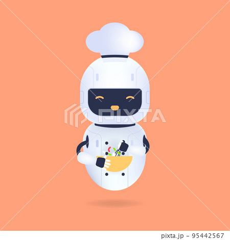 White friendly chef robot with bowl and egg beater. Cooking Robot Artificial Intelligence concept. 95442567