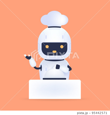 White friendly chef robot with food on table. Cooking Robot Artificial Intelligence concept. White friendly chef robot with food on table. Cooking Robot Artificial Intelligence concept. 95442571