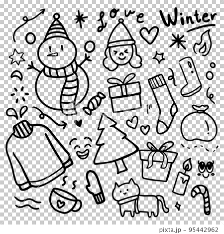 Set of hand drawn winter elements. Doodle cartoon. Coloring book for kid Set of hand drawn winter elements. Doodle cartoon. Coloring book for kid 95442962