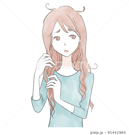 髪に悩む女性のイラスト　(黒い線) 95442964