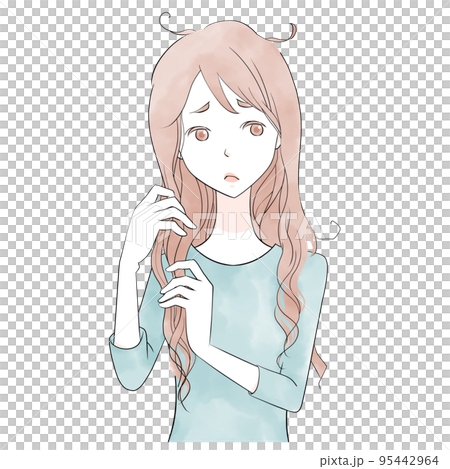 髪に悩む女性のイラスト　(黒い線) 95442964