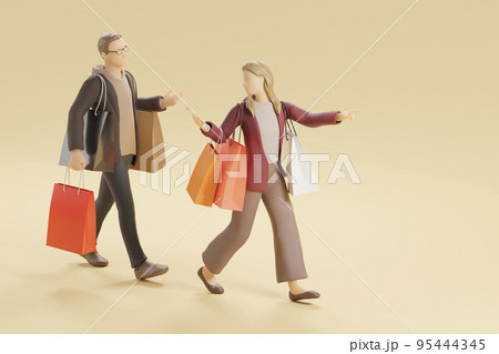 たくさんの買い物袋を提げて歩く観光客カップル / ショッピング・インバウンド消費・爆買いのイメージ 95444345