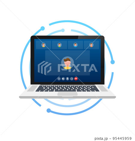 Incoming video call on laptop. Laptop with incoming call, man profile picture and accept decline buttons. Vector stock illustration. 95445959