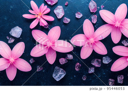 Beautiful pink flowers and ice cubes on sap. Copy space. 95446053