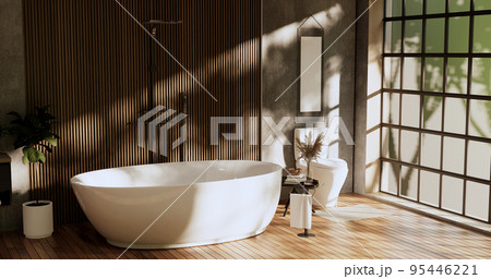 The Bath and toilet on bathroom japanese wabi sabi style .3D rendering 95446221