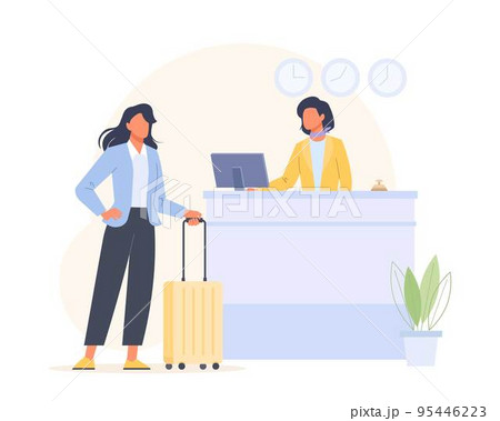Woman character arriving hotel. Business Trip concept 95446223