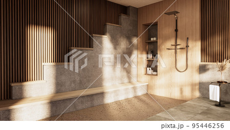 The Bath and toilet on bathroom japanese wabi sabi style .3D rendering The Bath and toilet on bathroom japanese wabi sabi style .3D rendering 95446256