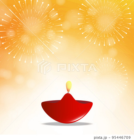 Happy Diwali, Diya oil lamp with crackers on yellow bokeh background illustration. 95446709