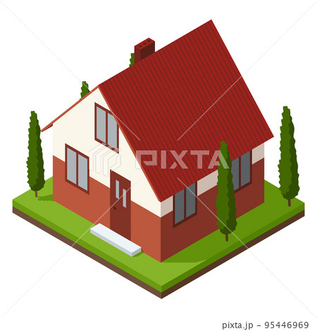 House construction Isometric stage. Visualization of modern building process. Landscape design phase 95446969