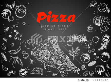 Hand drawn pizza line banner. Engraved style chalk doodle background. Savoury pizza ads. Tasty vector banner for cafe, restaurant or food delivery service Hand drawn pizza line banner. Engraved style chalk doodle background. Savoury pizza ads. Tasty vector banner for cafe, restaurant or food delivery service 95447032