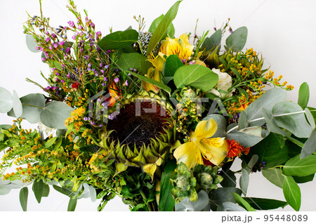 Trendy boho bouquet flower on white background. Boho set, floral design. Beautiful floral background. 95448089