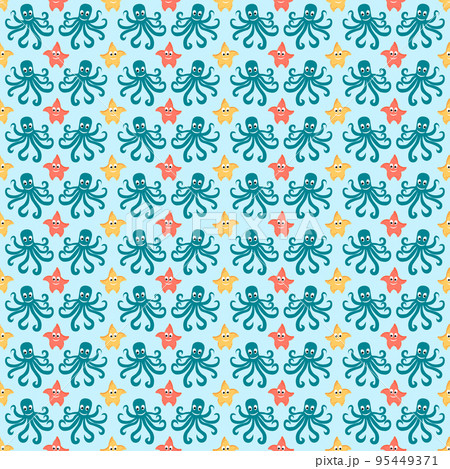Pattern with marine fauna. Cute octopuses and funny stars. Vector drawing. 95449371
