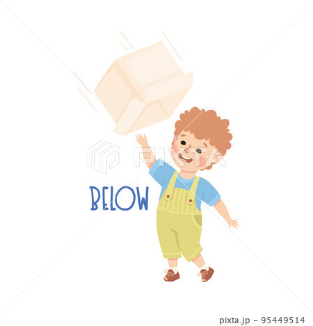 Little Boy Below Cardboard Box as Preposition Demonstration Vector Illustration 95449514