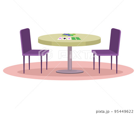 Table with cards and chips board game attributes and two chairs. Place to play logic games Table with cards and chips board game attributes and two chairs. Place to play logic games 95449622